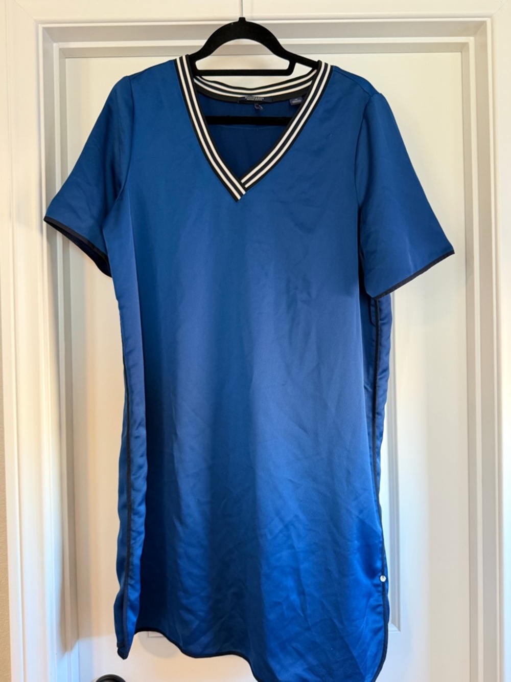 Scotch & Soda Royal Blue V-Neck Shirt Dress with Black and White Striped Trim